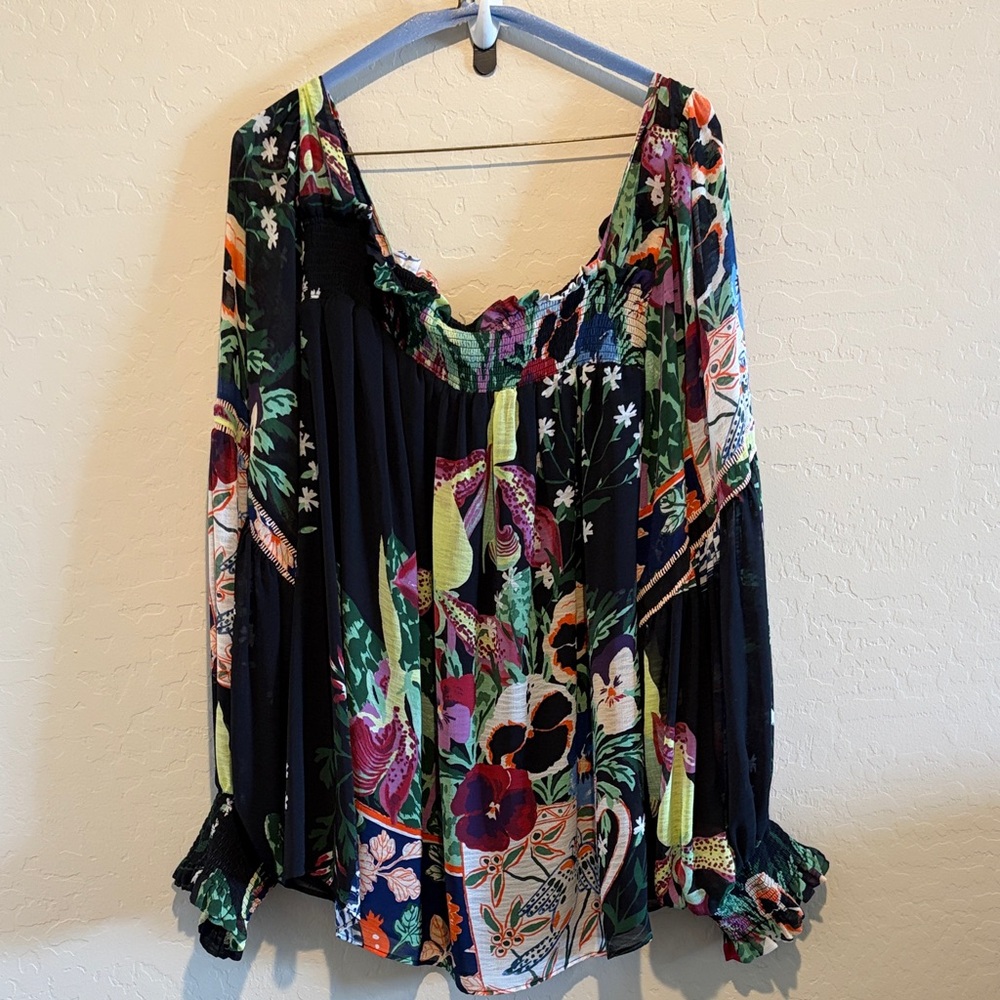 Anthropologie Black Floral Off-Shoulder Blouse with Multicolor Print